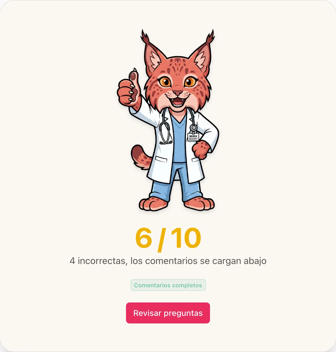 Captura de la app: los resultados del quiz de Camila, 6 de 10 correctas, con la pregunta fallada repasada abajo.